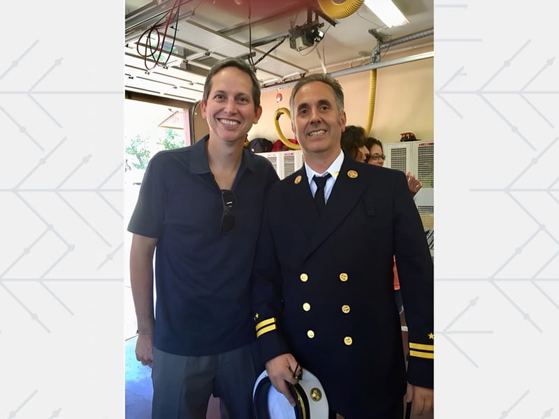 Firefighter‑paramedic Steve Silici with Ed Gorelick, whose life he helped save in 2007.