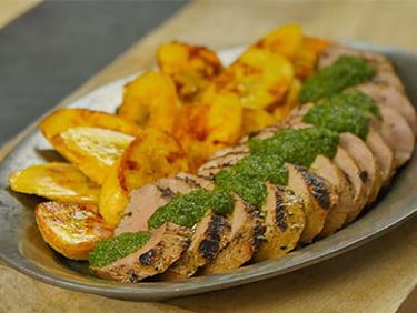 Grilled Cuban Mojo Marinated Pork Tenderloin with Plantains