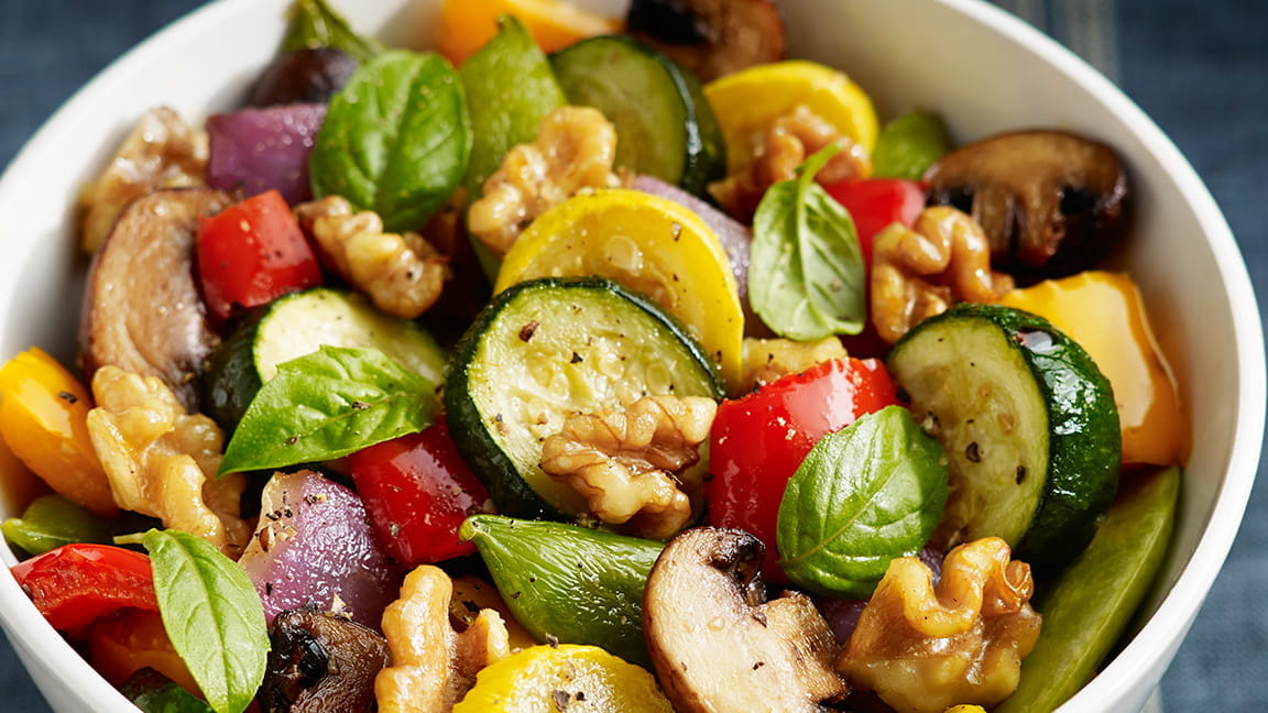 Roasted Vegetables with Walnuts Basil and Balsamic Vinaigrette