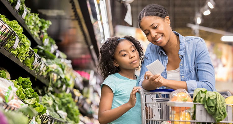 Mother and daughter grocery shopping