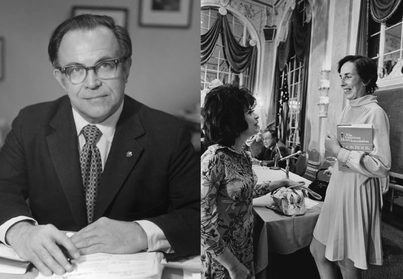 It was the vision of Dr. Campbell Moses (left), AHA medical director from 1967 to 1973, to create the AHA's first cookbook. Mary Winston (far right), AHA nutritionist from 1969 to 2001, was a consultant for the first edition and continued to lend her expertise to five editions that followed. (American Heart Association archives)