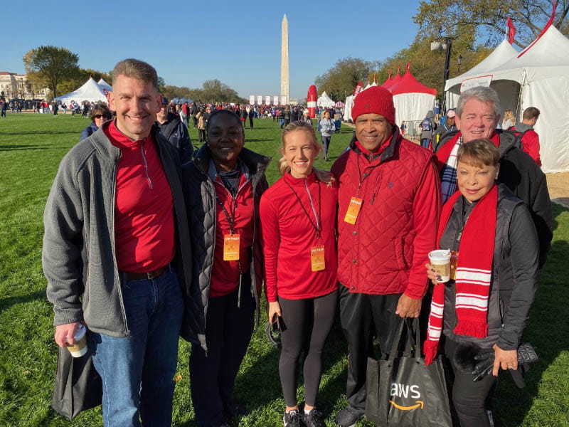 Linda Gooden (far right) at the 2019 Greater Washington Region Heart Walk with fellow participants including Erich Sanchack, Estelle Russell, Edgar Burnette and Sean Ballington. (Photo courtesy of Linda Gooden)