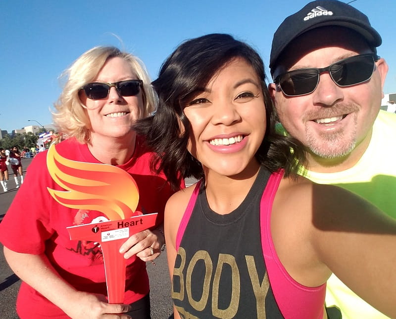 Cardiac arrest survivor Melanie Baldwin (left) and her husband, Jeff, with a friend at a Heart Walk last year. (Photo courtesy of Melanie Baldwin)