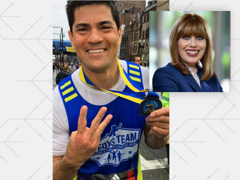 Former NFL linebacker Tedy Bruschi flashes three fingers after finishing his third Boston Marathon. (Photo courtesy of WBZ)