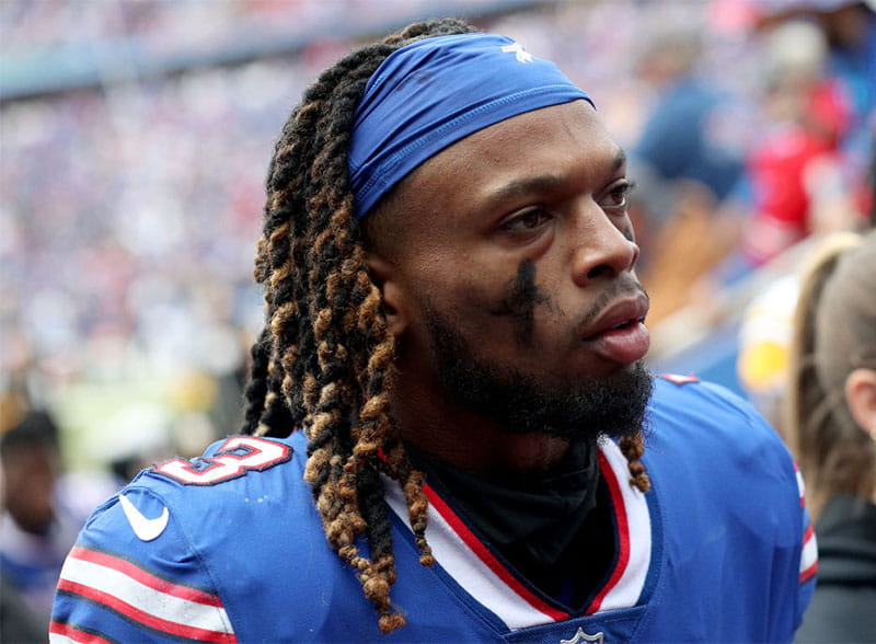 Damar Hamlin of the Buffalo Bills during halftime against the Pittsburgh Steelers in Orchard Park, New York, on Oct. 9, 2022. (Bryan Bennett/Getty Images)