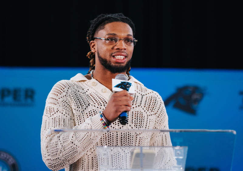 Buffalo Bills safety and cardiac arrest survivor Damar Hamlin has become a prominent proponent for CPR training and public access to automated external defibrillators, or AEDs. In 2023, he spoke to Carolina Panthers players and others at an American Heart Association CPR and AED training event. (Photo courtesy of Chanelle Smith-Walker/Carolina Panthers)