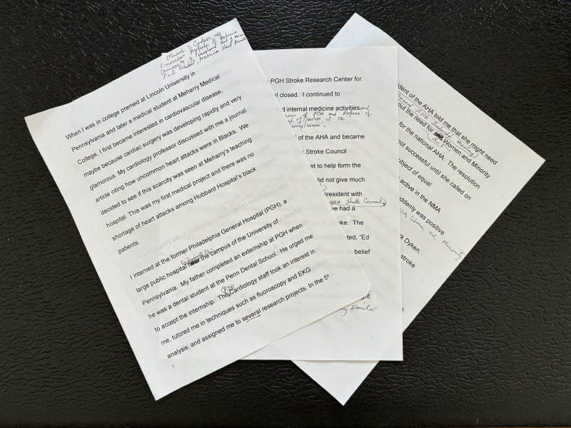 The six-page document Dr. Edward Cooper wrote about his life and career in preparation for the interview with American Heart Association News. (Photo by Jaime Aron/American Heart Association)