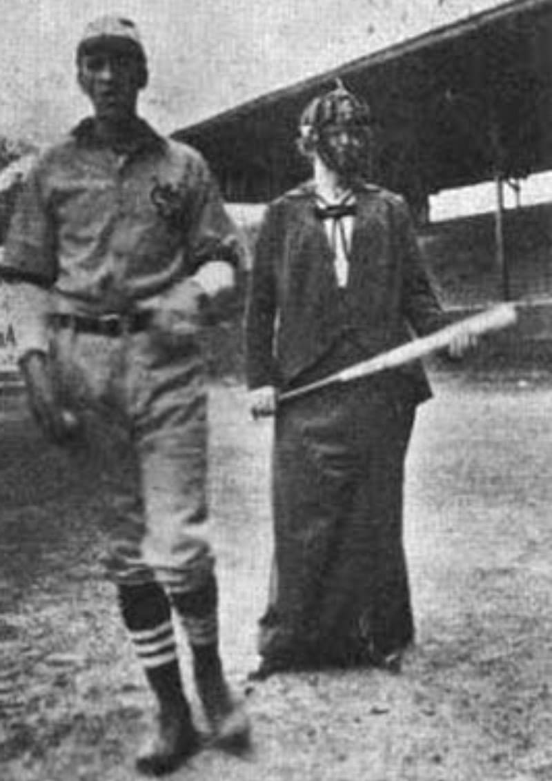 Jessamyn Whitney (right) was invited to umpire a 1914 charity baseball game. Standing next to her is Pat Witherbee.  (From Research: Society, Charity, and Citizenship: The Journal of Constructive Philanthropy, Vol. 32)