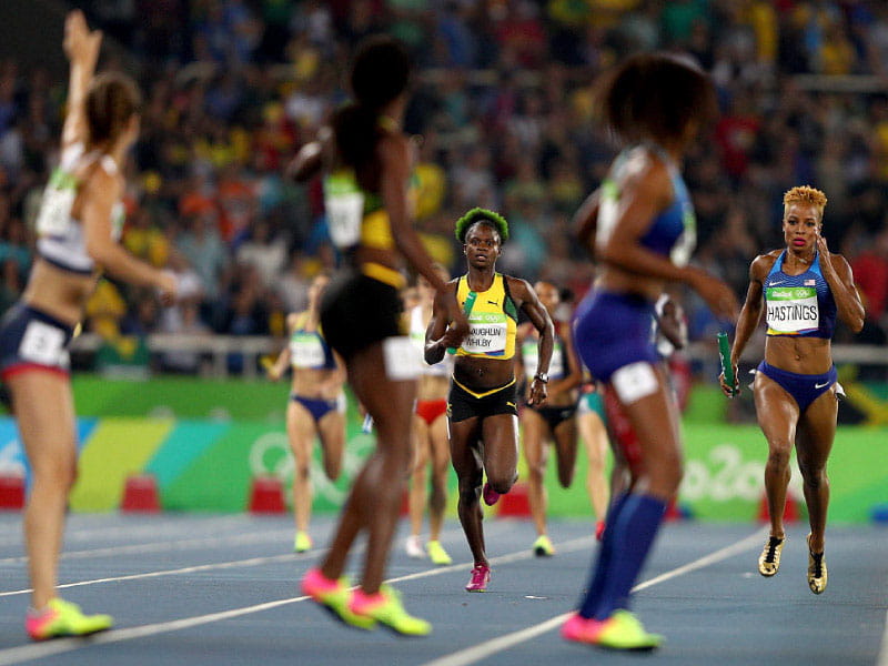 Gold medalist Natasha Hastings (far right) running in the women's 4x400 meter relay at the 2016 Olympics in Rio de Janeiro. (Ian Walton/Getty Images Sport via Getty Images)