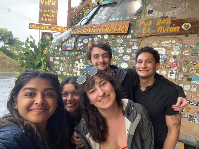 Charlie Pérez-Suárez (right) and his friends and fellow medical students, from left, Bhavana Muppavarapu, Rumi Venkatesh, Morgan Samanic and Sean Konrath, during a trip to Quepos, a town on Costa Rica's central Pacific coast. (Photo courtesy of Charlie Pérez-Suárez)