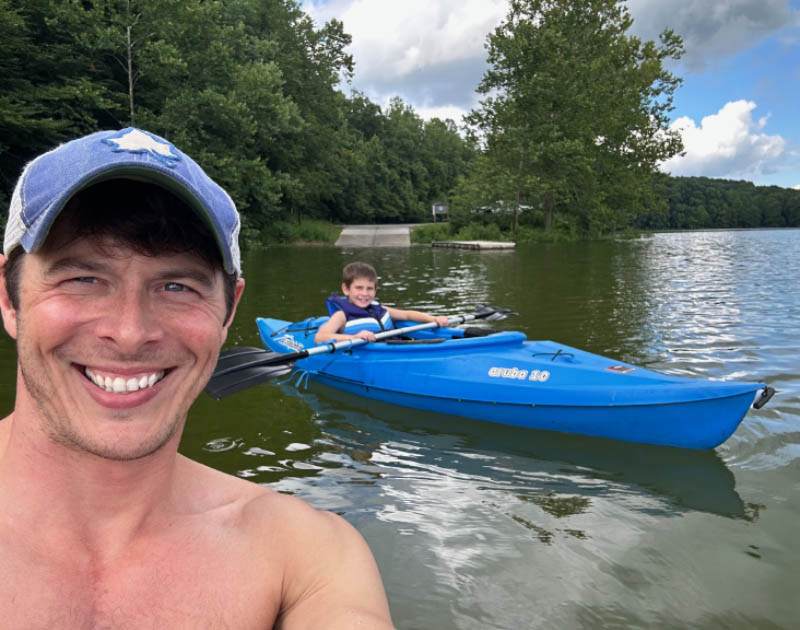 Chris Kidwell (left) and Carter kayaking at Tucker Lake in Indiana. (Photo courtesy of Chris Kidwell)