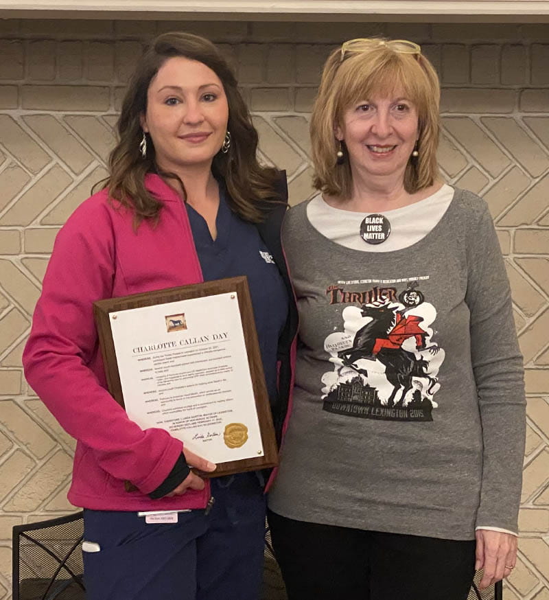 Charlotte Callan (left) and Sarah Katzenmaier the day Callan received the Spirit of Lexington Award for performing lifesaving CPR on Sarah. (Photo courtesy of Sarah Katzenmaier)