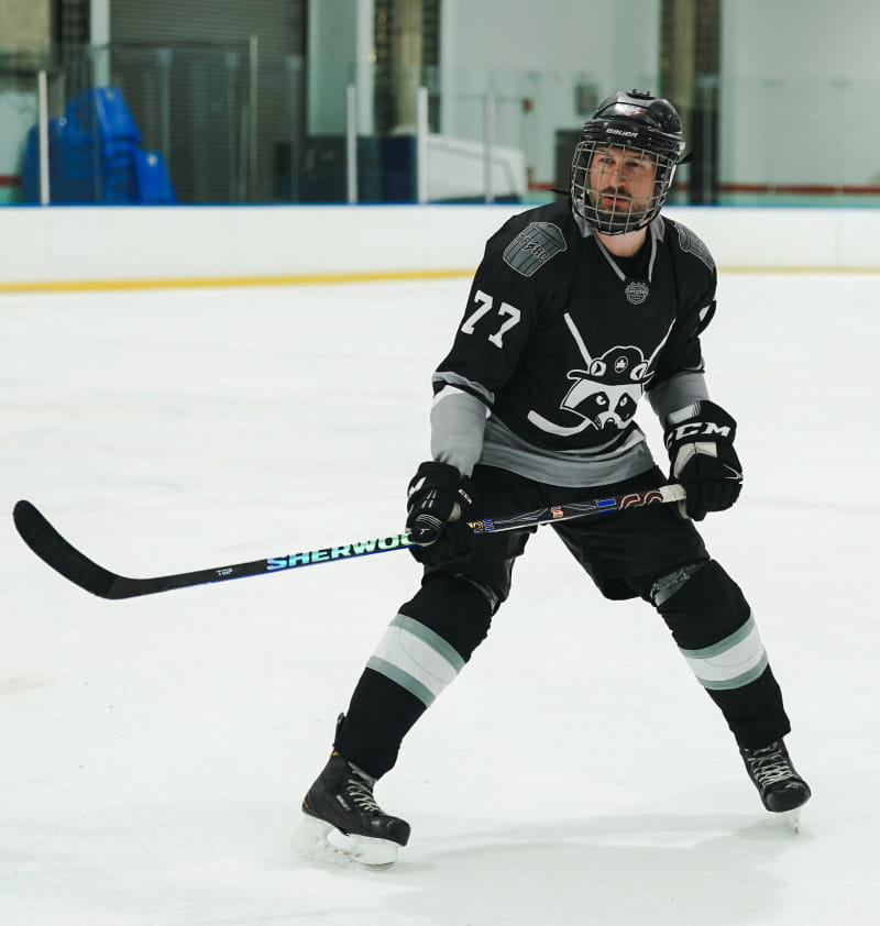 Tom Sutch is in a hockey league and wears extra padding to protect his defibrillator. (Photo courtesy of Alex Wohl)