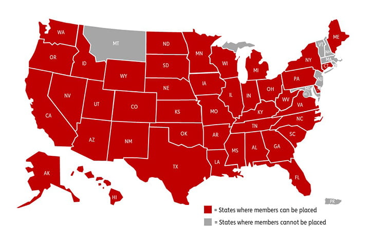 Map of the US showing states where members will be placed and states where members will not be placed