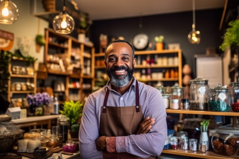 Portrait of a smiling shop owner standing in his shop