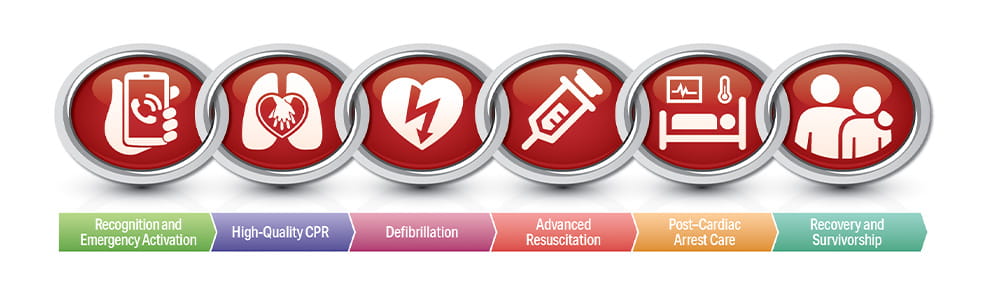 A horizontal graphic showing six circular red icons representing steps in the cardiac arrest chain of survival. From left to right: a hand holding a phone for emergency activation, a pair of lungs for high‑quality CPR, a heart with a lightning bolt for defibrillation, a syringe for advanced resuscitation, a hospital bed with a monitor and thermometer for post‑cardiac arrest care, and two human figures symbolizing recovery and survivorship. Beneath each icon is a labeled color bar matching the step.
