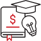 Black and red line art depicting a graduation cap, lightbulb and book with a dollar sign on the cover