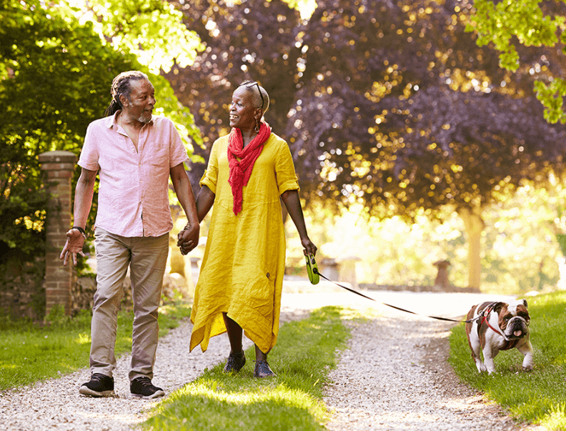 Couple walking with dog