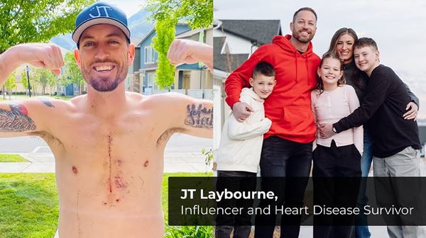JT Laybourne showing scar and smiling with his family