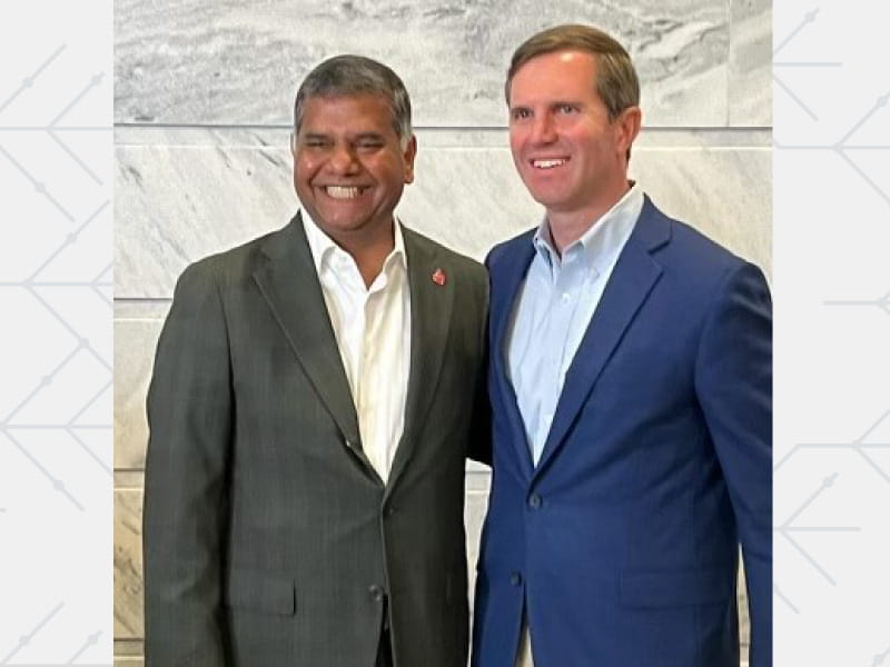 Dr. D.P. Suresh of the American Heart Association’s Midwest Region Board of Directors (left) and Kentucky Gov. Andy Beshear at the signing ceremony last spring for state Senate Bill 55, one of two bills addressing heart and stroke emergency care. (Photo by Subhatra Suresh)