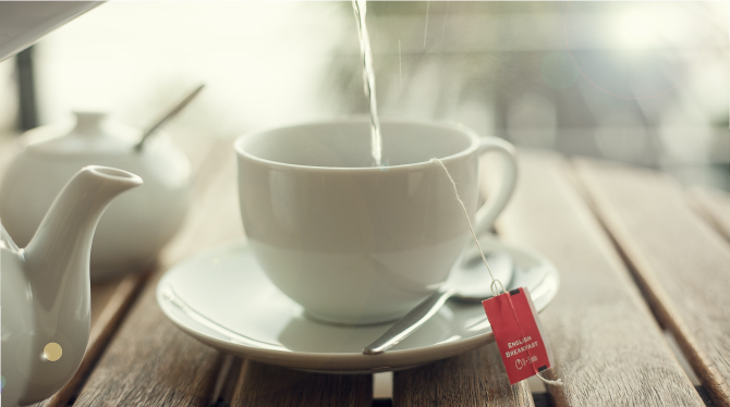 cup and saucer with tea bag