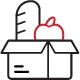 Black and red line art depicting an open box with a loaf of french bread and an apple peeking out of the top