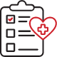 Black and red line art depicting a clipboard with a red checkmark and a heart with a medical cross icon inside