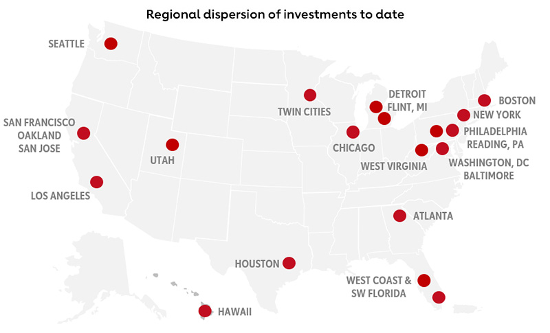 a light grey U.S. map with red dots indicating cities of the AHA Social Impact Funds' regional dispersion of investments to date